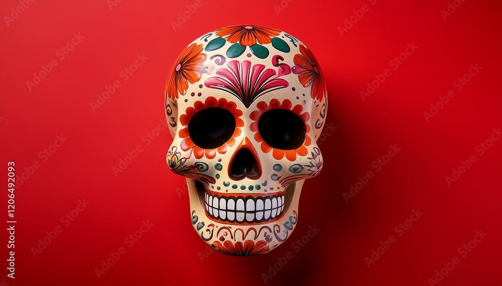 Mexican skull with floral pattern drawing isolated on red background Mexican skull with floral pattern drawing isolated on red background