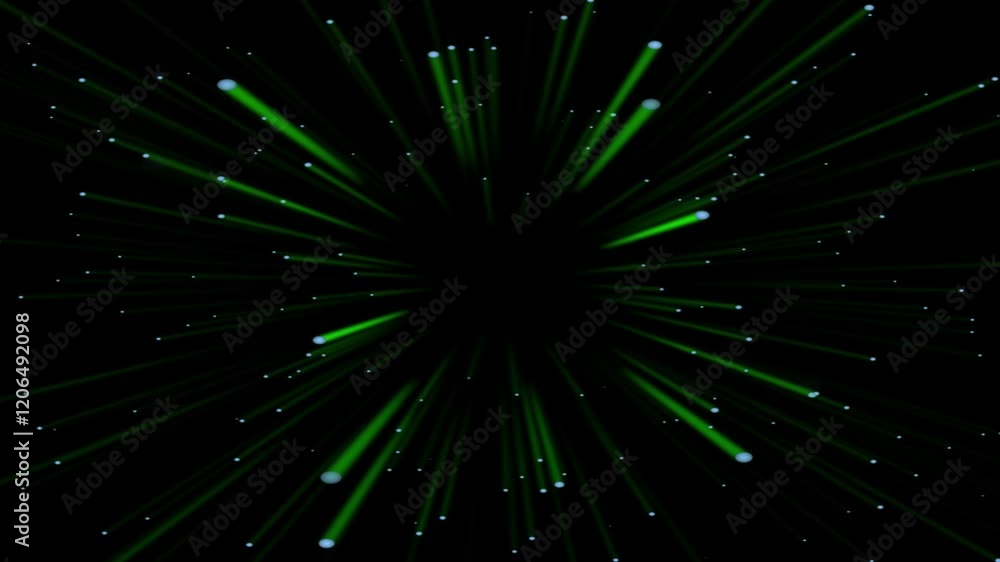 Green Streak Laser Light Flight 4K Loop features bright green streaks of lights emanating from the center of a dark space like environment in a loop. Green Streak Laser Light Flight 4K Loop features bright green streaks of lights emanating from the center of a dark space like environment in a loop.
