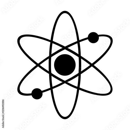 Atom symbol icon. Black electron structure. Science vector outline. Minimalistic physics shape.