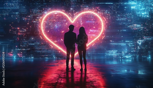 Couple silhouetted by glowing heart text and symbols, futuristic and romantic setting, hightech concept wall interaction, ultraclean aesthetics, vibrant ambiance, 8K quality photo