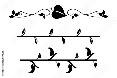 Floral border decoration. Elegant leaf divider. Black swirl ornament. Vector horizontal design.