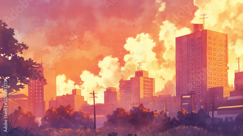 夕焼け空とビル群が描くノスタルジックな都市風景。優しい水彩画タッチの美しいアート。