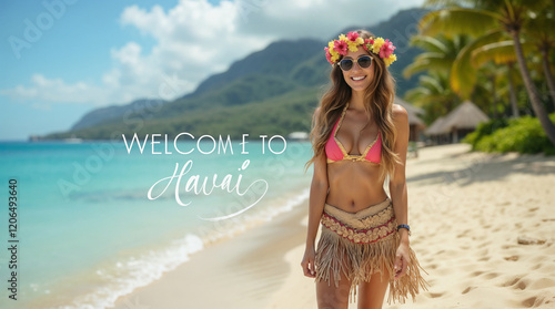 smiling woman in mini bikini on a tropical island with hawaiian skirt and hawaiian flower accessori with white text WELCOME TO HAWAII photo