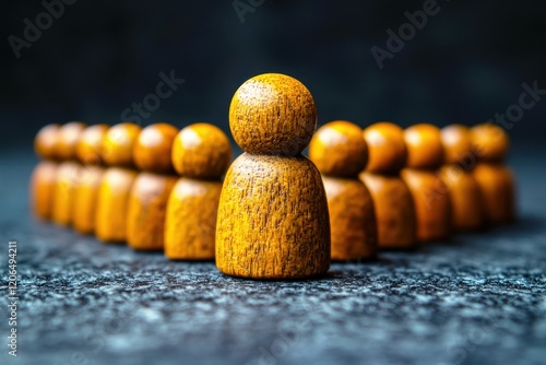 Leadership in Focus: A wooden figurine stands tall at the forefront of a row, symbolizing the power of leadership and guiding a group of individuals.