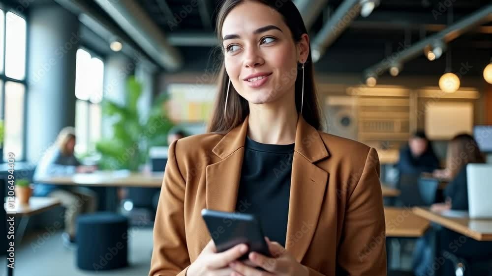 Smiling Young Woman in Brown Blazer Using Smartphone in Modern Office Setting with Headphones and Bright Natural Light Smiling Young Woman in Brown Blazer Using Smartphone in Modern Office Setting with Headphones and Bright Natural Light