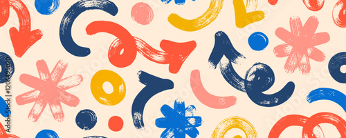 Colored seamless background with various geometric lines and shapes, squiggles, arrows and asterisks. Hand drawn vector retro wallpaper with brush drawn curly strokes. Doodle grunge seamless pattern.