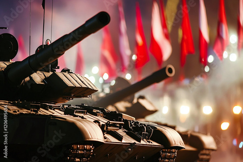 tank column display with national flags, parade ground