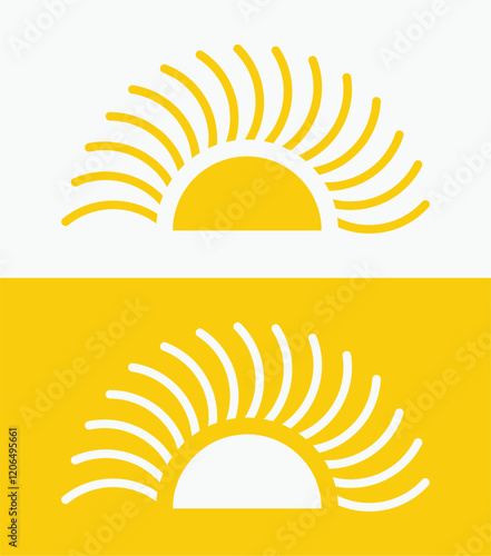 icon set Yellow half sun , including shining rays, sunset designs, solar energy, and star-inspired illustrations. Perfect for representing warmth, tanning, and bright energy.