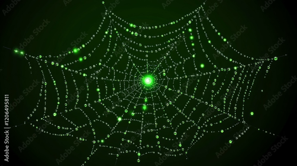 Naklejka premium Intricate spiderweb glistening with morning dew, a mesmerizing display of nature's artistry.