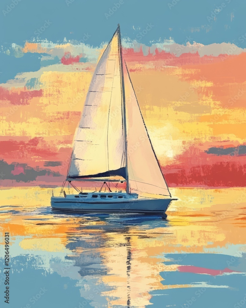 Naklejka premium Gouache painting of sailboat at sunset on blue background