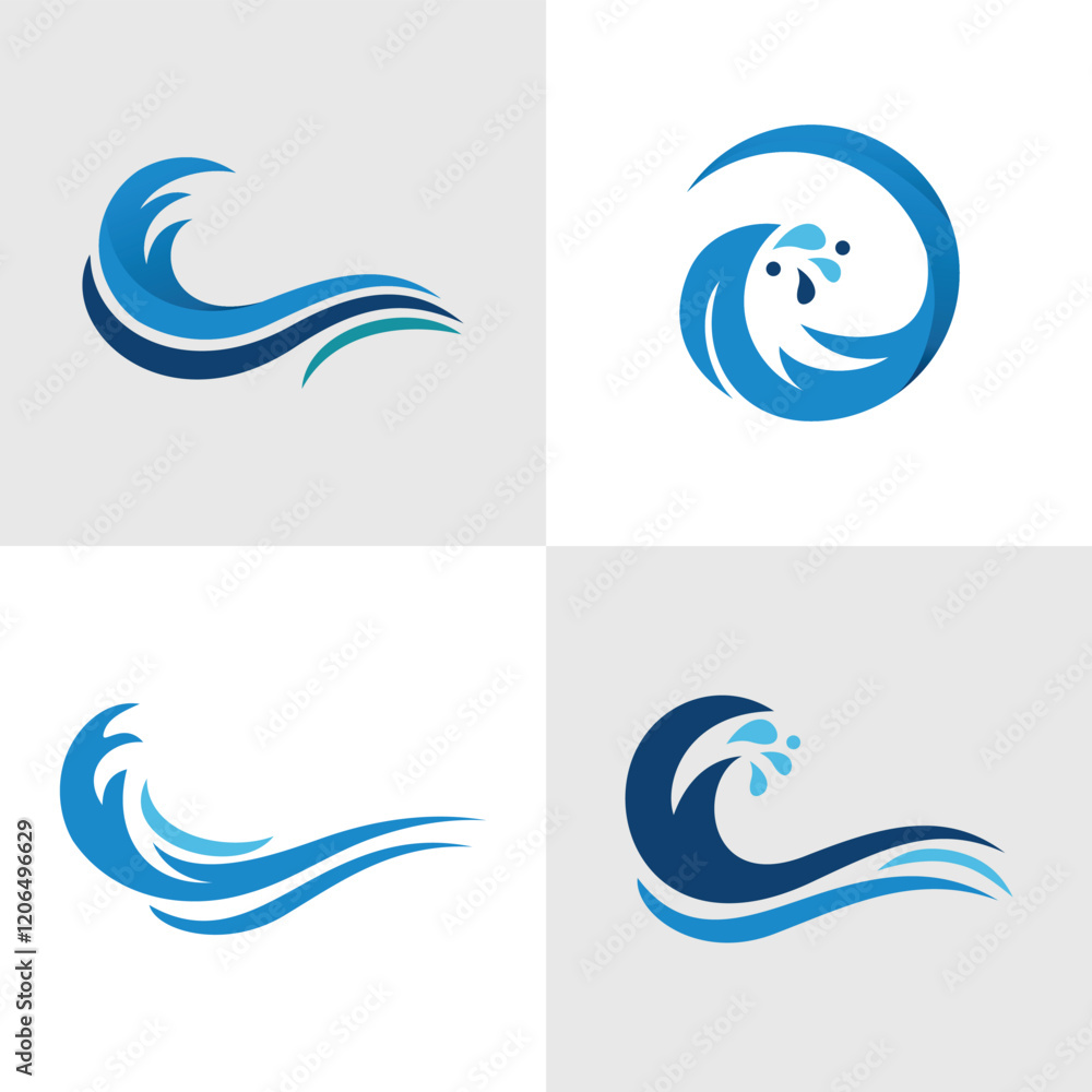 Abstract blue wave icons and patterns with ocean-inspired decorative shapes and design elements Abstract blue wave icons and patterns with ocean-inspired decorative shapes and design elements