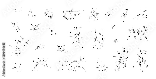 Set of splattered vector black paint blots and drops. Hand drawn ink drops and splashes. Liquid paint drips and ink splatter.