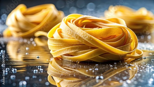 Drone Photography Close-Up: Single Strand of Curled Fettuccine Pasta with Water Droplets - High-Resolution Food Image photo