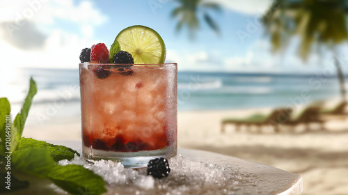 A tropical-themed shot of a citrus and berry drink with crushed ice, garnished with a lime wheel, mint, and berries, set against a blurred beach backdrop