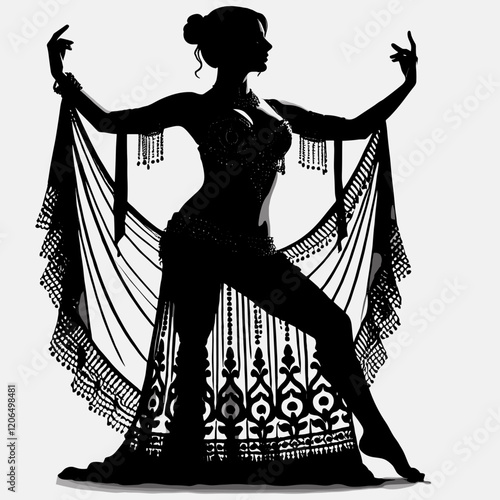 Silhouette of belly dancer with ornate costume on white background