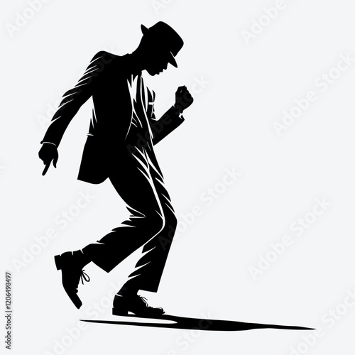 Silhouette of man dancing in stylish suit and hat on white