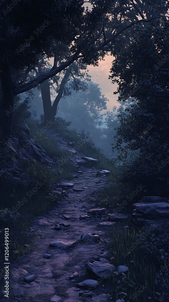 A serene, misty pathway through a wooded landscape at dusk. A serene, misty pathway through a wooded landscape at dusk.