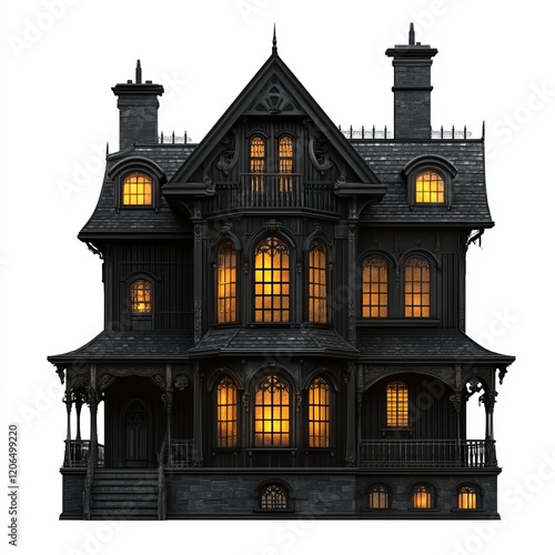 Spooky black Victorian haunted house with glowing windows isolated on white. photo