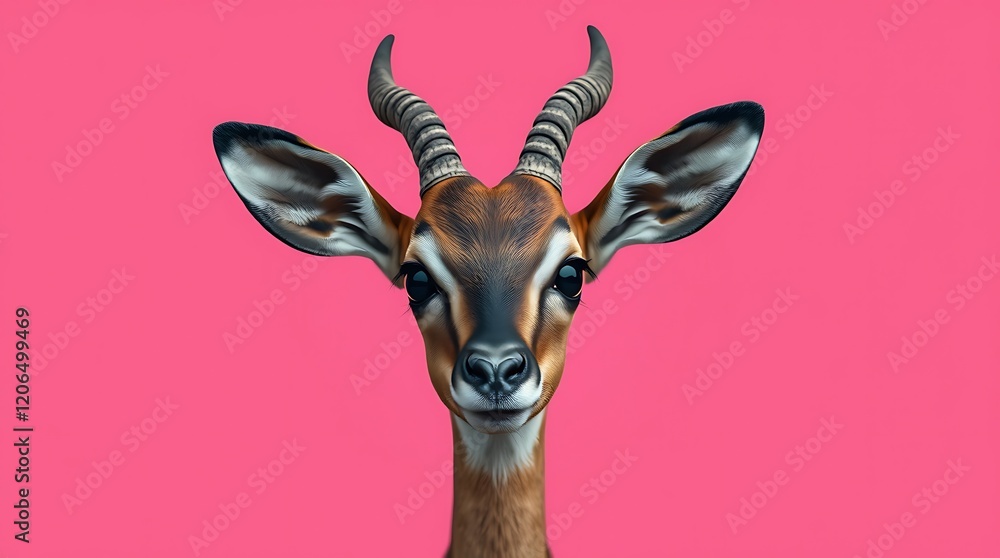 Fototapeta premium Close-up portrait of a gazelle against a pink background.