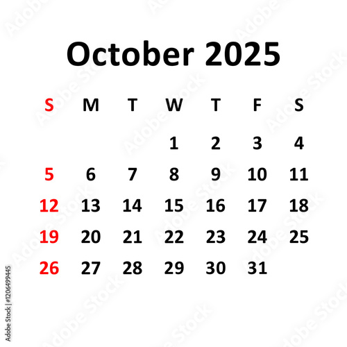 October  2025. Calendar with holydays or red dates. monthly calendar design with week starts on sunday. printable, simple, and clean vector design isolated on white background.