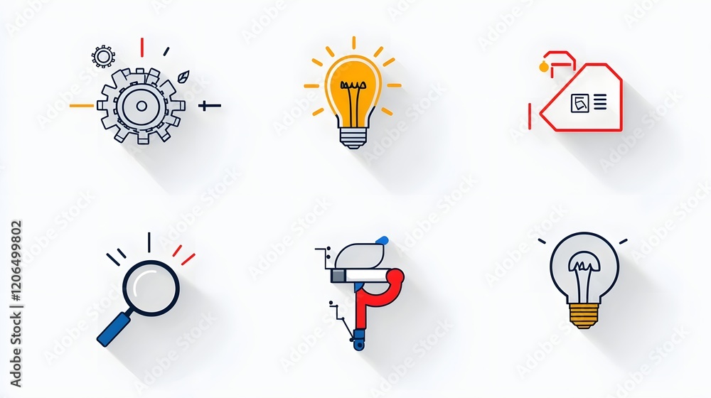 Fototapeta premium This image depicts a collection of 6 linear icons or symbols that visually represent the concept of forward thinking solutions innovation strategy and business intelligence The icons feature gears