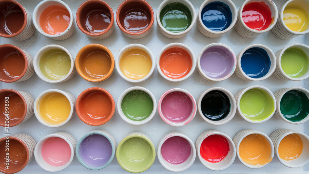 Array of paint pots (Vitamin Colors): An array of ceramic bowls or pots, each with a distinct vitamin-inspired color, such as tangy orange, lemon yellow, lime green, and bright red Array of paint pots (Vitamin Colors): An array of ceramic bowls or pots, each with a distinct vitamin-inspired color, such as tangy orange, lemon yellow, lime green, and bright red
