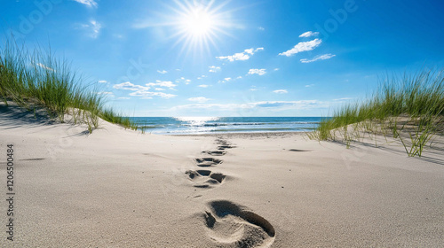 Fototapeta Naklejka Na Ścianę i Meble -  A wide beach scene with footprints trailing to the ocean, framed by dunes and sea grass swaying in the breeze, symbolizing a peaceful journey