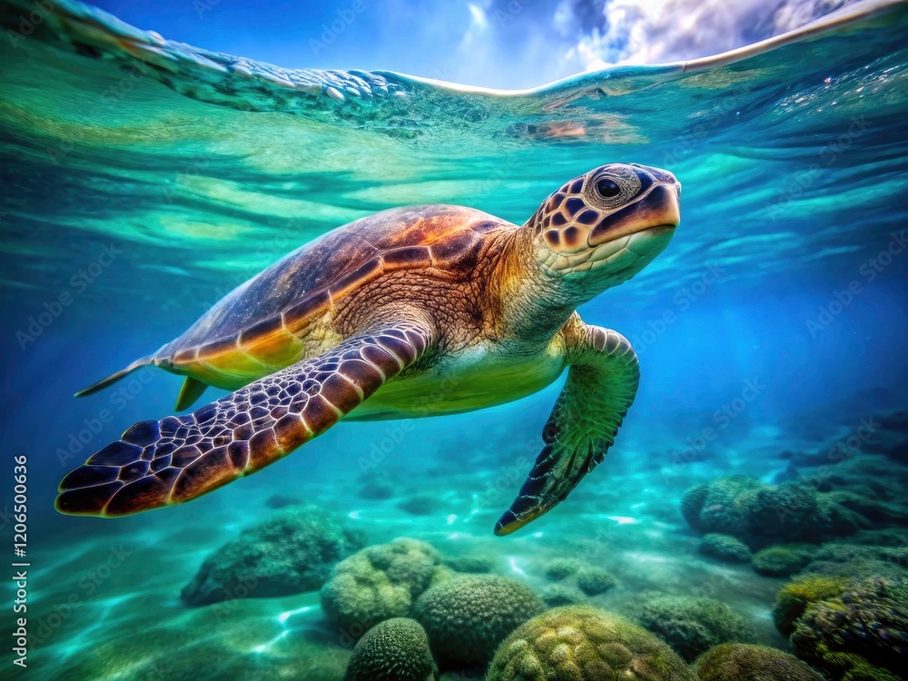 Fototapeta premium Green Sea Turtle Underwater, Ocean Wildlife, Marine Life Photography, Blue Ocean, Nature Scenery