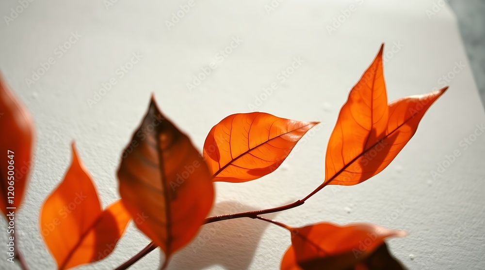 Fototapeta premium Sunlit orange leaves on white.