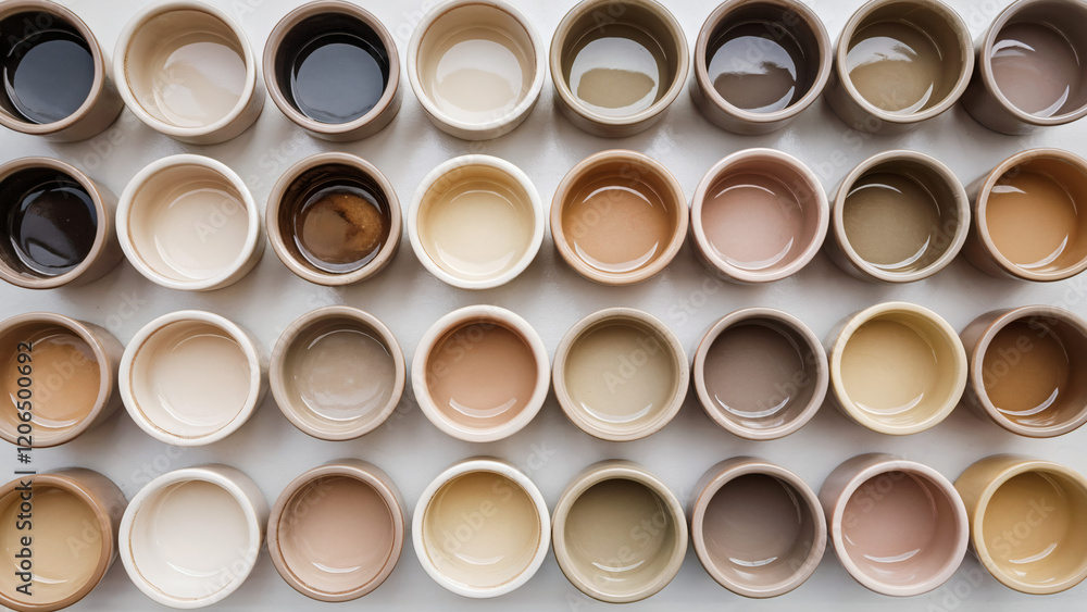 Array of paint pots (Soft Creams and Beiges): An array of ceramic bowls or pots, each in soft cream and beige tones, arranged in a grid pattern Array of paint pots (Soft Creams and Beiges): An array of ceramic bowls or pots, each in soft cream and beige tones, arranged in a grid pattern
