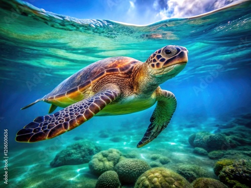 Green Sea Turtle Underwater  Ocean Wildlife  Marine Life Photography  Blue Ocean  Nature Scenery