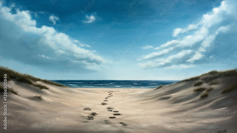 A peaceful beach scene with footprints winding through soft dunes, ending at the waterâs edge, under a serene, cloud-streaked sky A peaceful beach scene with footprints winding through soft dunes, ending at the waterâs edge, under a serene, cloud-streaked sky