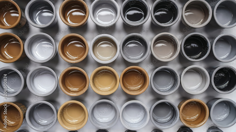 Array of paint pots (Silver Tones): An array of ceramic bowls or pots, each with a glossy silver finish, arranged in a grid pattern Array of paint pots (Silver Tones): An array of ceramic bowls or pots, each with a glossy silver finish, arranged in a grid pattern
