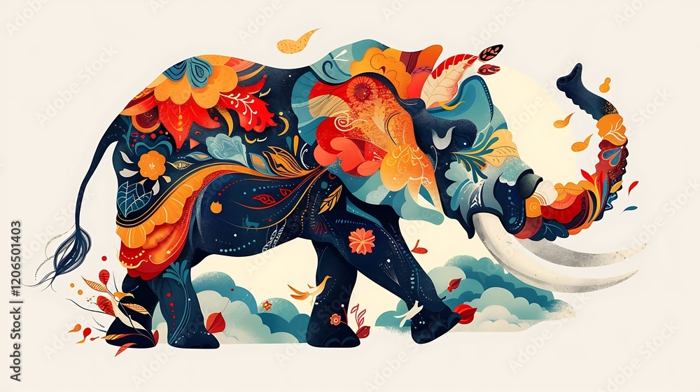 Obraz premium Ornate Elephant Walking on Clouds, Autumnal Floral Design, Nature Illustration