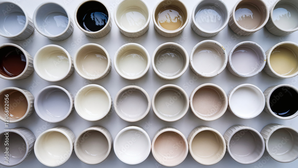 Array of paint pots (White Tones): An array of ceramic bowls or pots, each in different shades of white, ranging from snow white to creamy ivory and pearl white