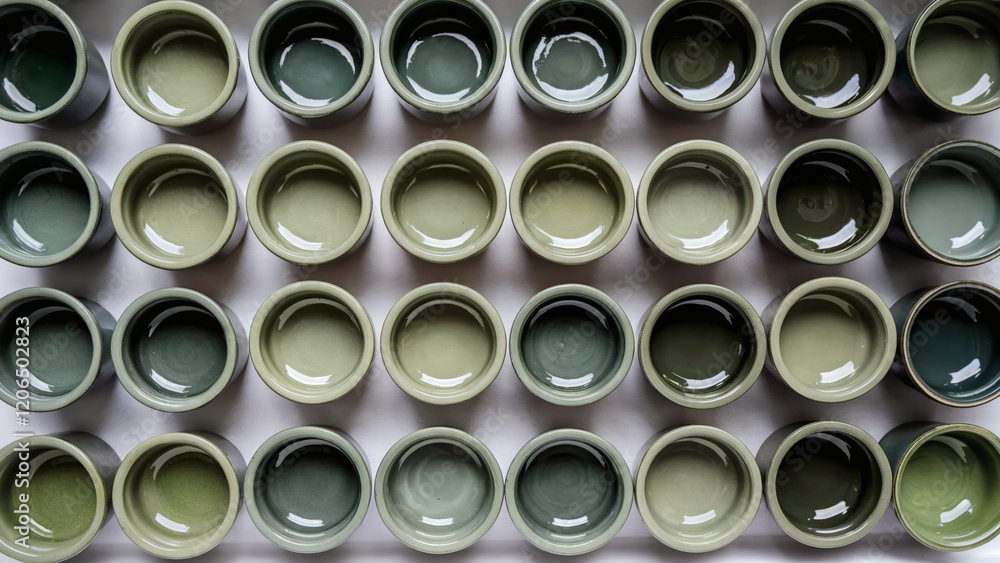 Array of paint pots (Deep Forest Greens): An array of ceramic bowls or pots in various shades of deep forest green, arranged side by side Array of paint pots (Deep Forest Greens): An array of ceramic bowls or pots in various shades of deep forest green, arranged side by side