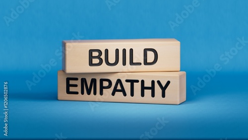 Build empathy symbol. Wooden blocks with words Build empathy.Psychology and Build empathy concept. Copy space.3D rendering on blue background.