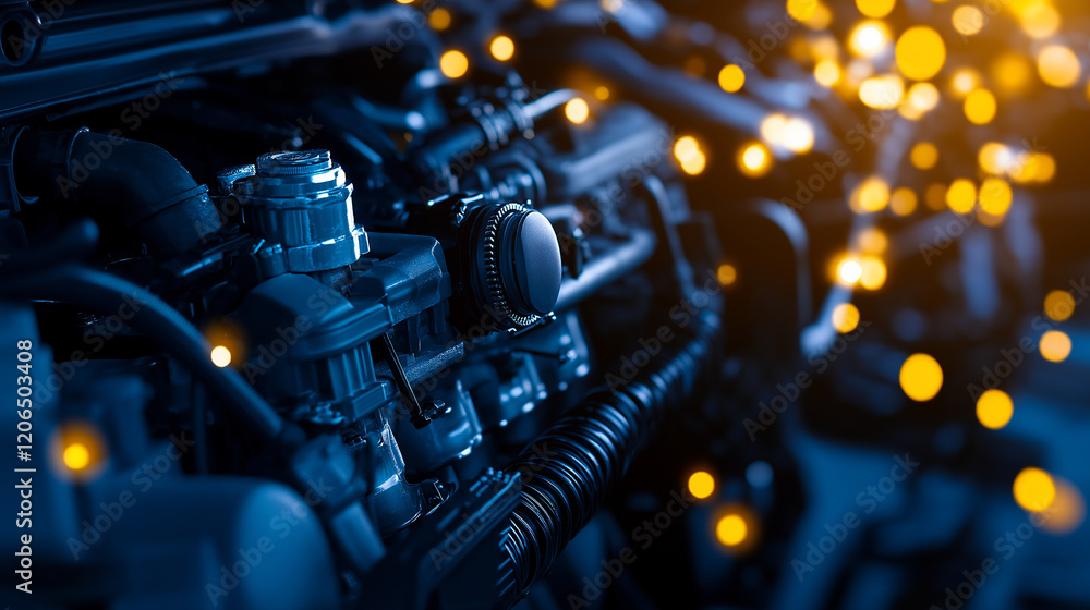 A close-up of a car engine in a workshop, with a focus on intricate mechanical components like the pistons, valves, and belts, illuminated by bright overhead lights A close-up of a car engine in a workshop, with a focus on intricate mechanical components like the pistons, valves, and belts, illuminated by bright overhead lights