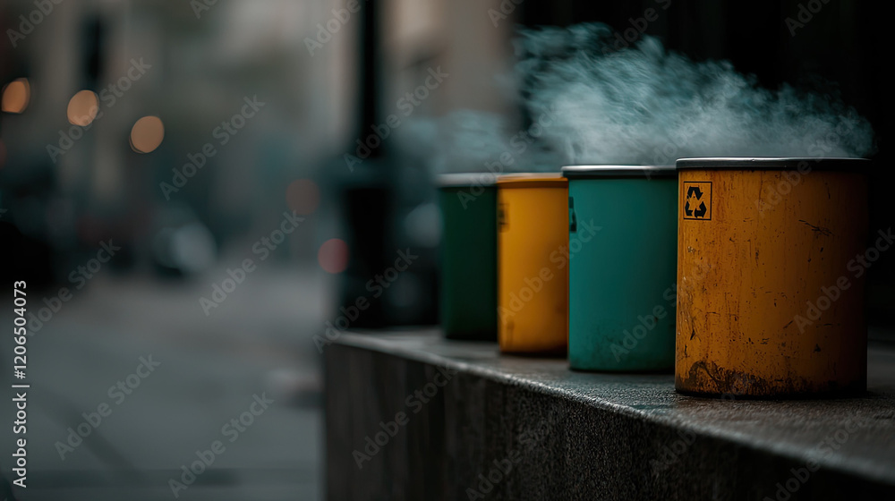 Colorful trash bins with steam rising in urban setting Colorful trash bins with steam rising in urban setting