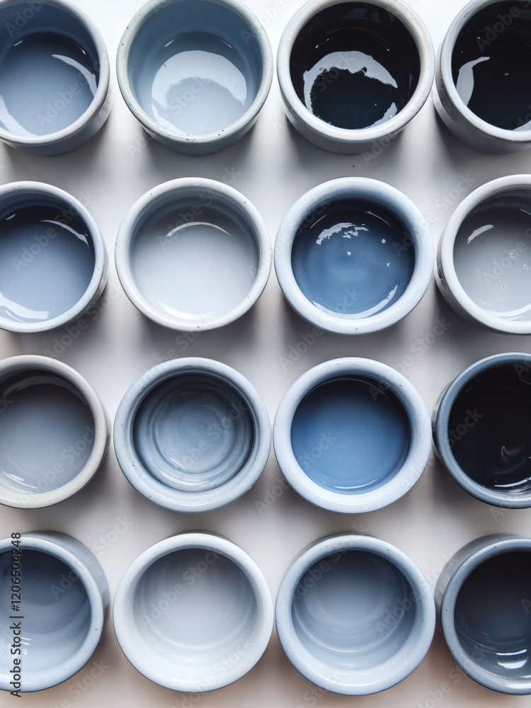 Array of paint pots (Monochromatic Blues): An array of ceramic bowls or pots, each with a distinct shade of blue, ranging from pale baby blue to deep navy Array of paint pots (Monochromatic Blues): An array of ceramic bowls or pots, each with a distinct shade of blue, ranging from pale baby blue to deep navy