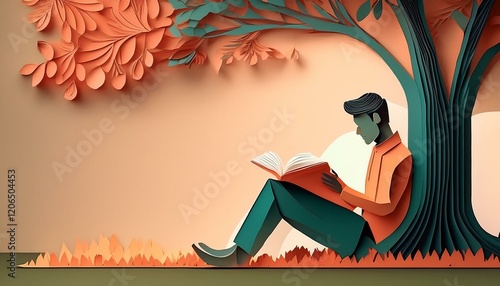 A person sitting under a tree reading a book in papercut style