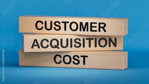 wooden cubes and blocks with the text CAC Customer Acquisition Cost. Manufacturing of wooden toys.3D rendering on blue background.