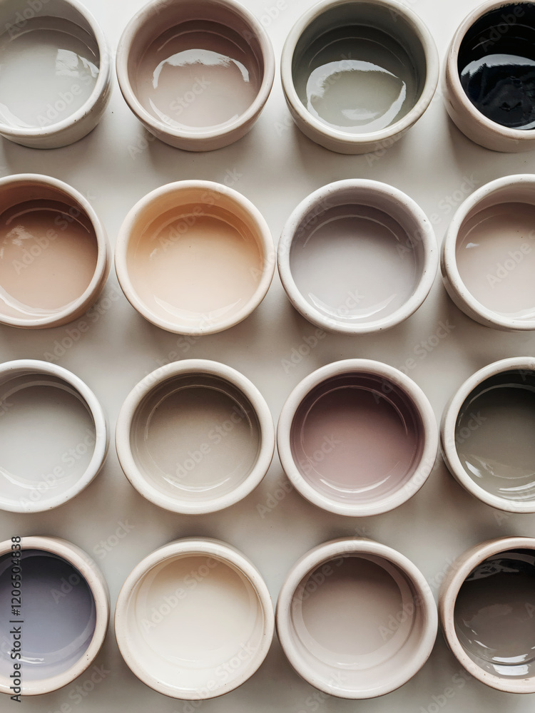 Array of paint pots (Soft Neutral Tones): An array of ceramic bowls or pots, each with a distinct color ranging from light greys to muted taupes and soft whites Array of paint pots (Soft Neutral Tones): An array of ceramic bowls or pots, each with a distinct color ranging from light greys to muted taupes and soft whites
