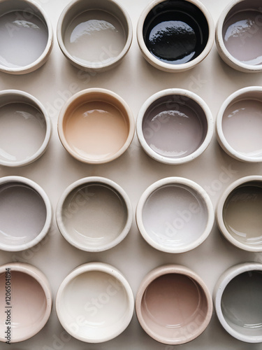 Array of paint pots (Soft Neutral Tones): An array of ceramic bowls or pots, each with a distinct color ranging from light greys to muted taupes and soft whites photo