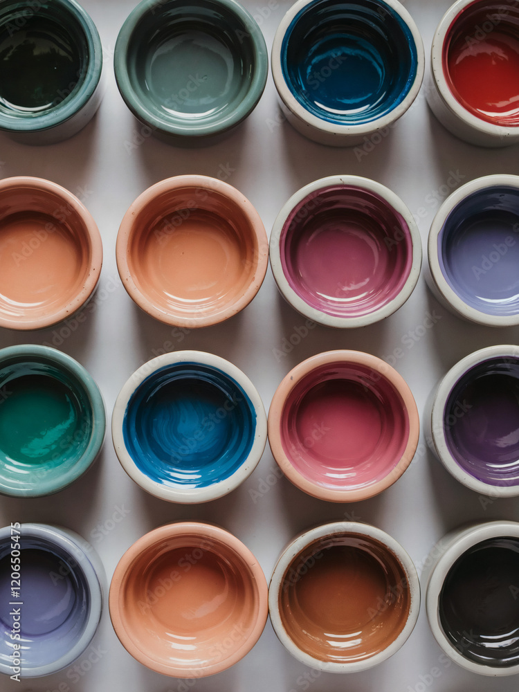 Array of paint pots (Jewel Tones): An array of ceramic bowls or pots, each with a distinct color in rich jewel tones, including emerald green, sapphire blue, ruby red, and amethyst purple Array of paint pots (Jewel Tones): An array of ceramic bowls or pots, each with a distinct color in rich jewel tones, including emerald green, sapphire blue, ruby red, and amethyst purple