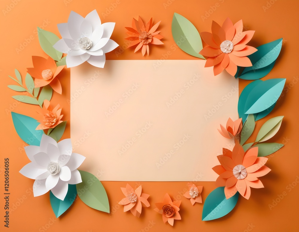 Obraz premium Colorful paper flowers and leaves framing a blank card on orange background