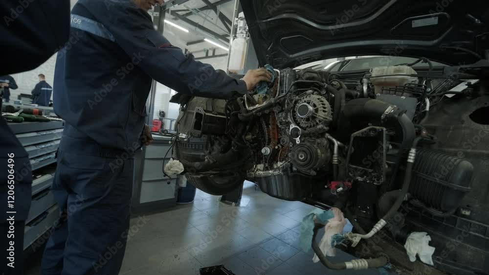 Mechanic Repairing Car Engine in Auto Workshop Mechanic Repairing Car Engine in Auto Workshop