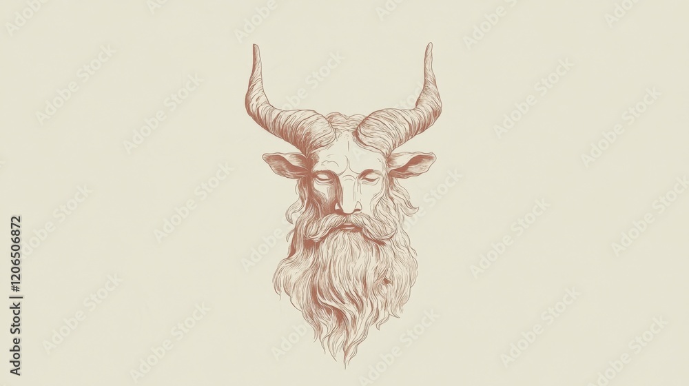 Obraz premium Pensive Goat-Man Portrait, Beige Background, Minimalist Line Art