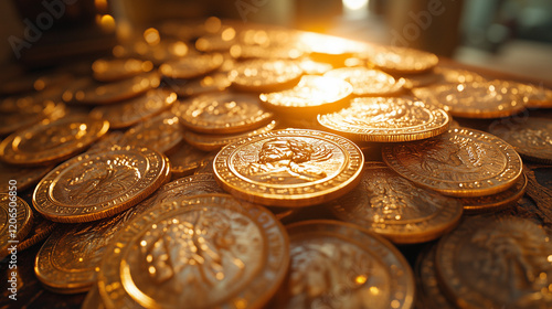 many gold coins from bible times, on a table in a room, golden sunlight lighting the coins through a window