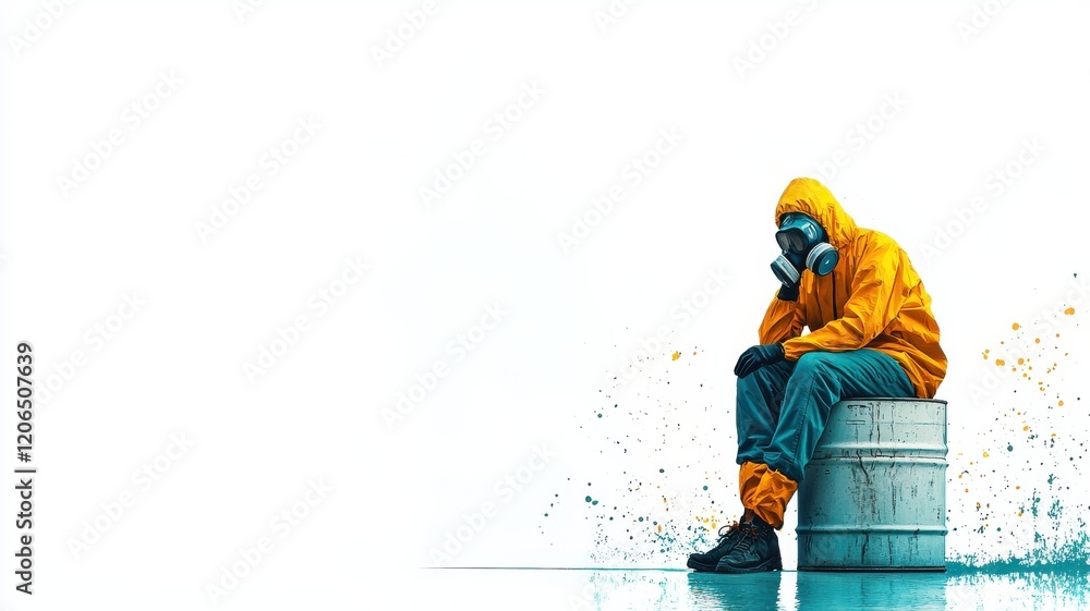custom made wallpaper toronto digitalA person wearing a gas mask and yellow suit sitting pensively.